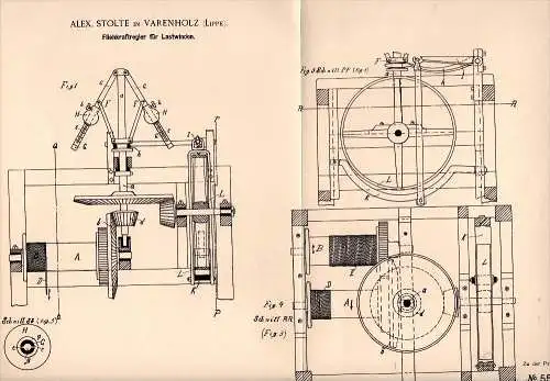 Original Patent - Alex Stolte in Varenholz b. Kalletal , 1890 , Fliehkraftregler für Lastwinden , Lippe !!!