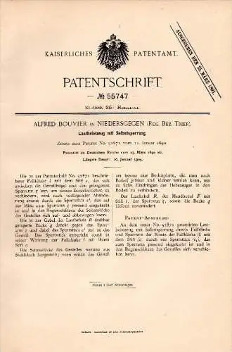 Original Patent - Alfred Bouvier in Niedersgegen b. Körperich , 1890 , Sperre für Lastenheber , Kran !!!