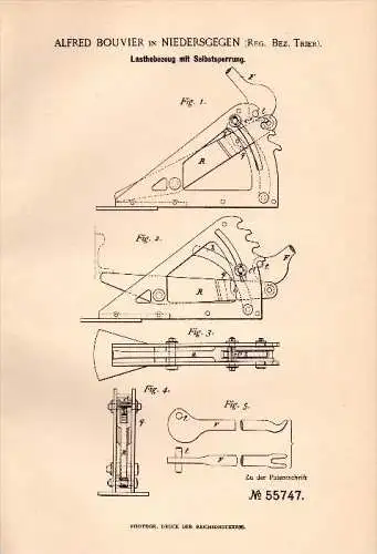 Original Patent - Alfred Bouvier in Niedersgegen b. Körperich , 1890 , Sperre für Lastenheber , Kran !!!