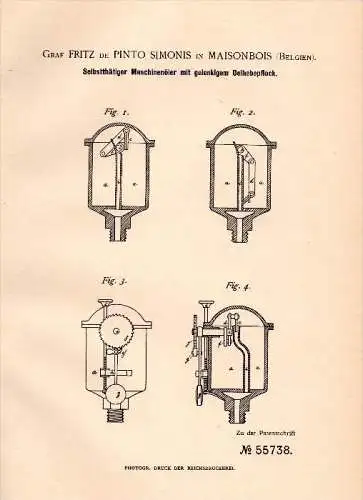 Original Patent - Graf Fritz de Pinto Simonis in Maisonbois , 1890 , Maschinenöler , maison en bois !!!