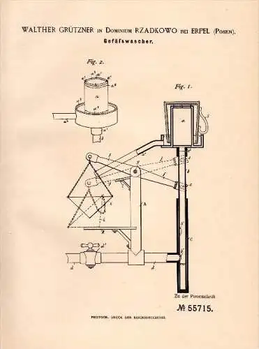 Original Patent -W. Grützner in Dominium Rzadkowo bei Erpel i. Posen , 1890 , Gefäßwascher , Kolmar !!!