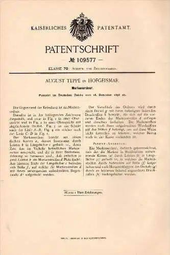 Original Patent - August Teppe in Hofgeismar , 1898 , Ordner für Marken , Briefmarken , Briefmarke !!!