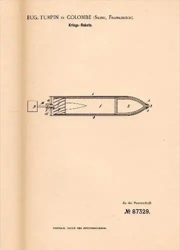 Original Patent - E. Turpin dans Sainte Colombe sur Seine , 1894 , Rocket guerre , arme !!!