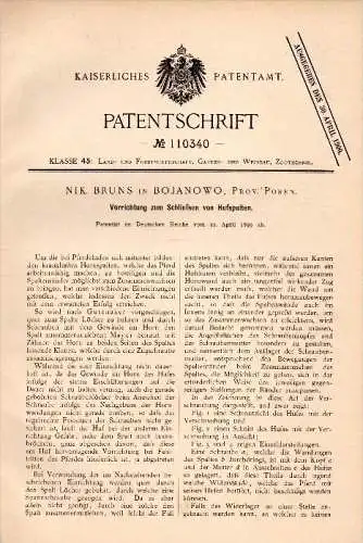 Original Patent - Nik. Bruns in Bojanowo , Posen , 1899 , Apparat für Hufe von Pferden , Hufeisen , Pferd !!!