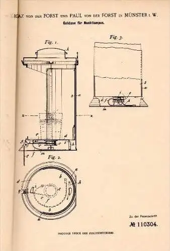 Original Patent -  Ignaz und Paul von der Forst in Münster i.W. , 1899 , Gehäuse für Nachtlampen , Lampen !!!