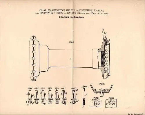 Original Patent - Harvey du Cros in Dalkey , Ireland , 1893 , Wheel hub, spoke attachment , CH. Welch in Coventry !!!