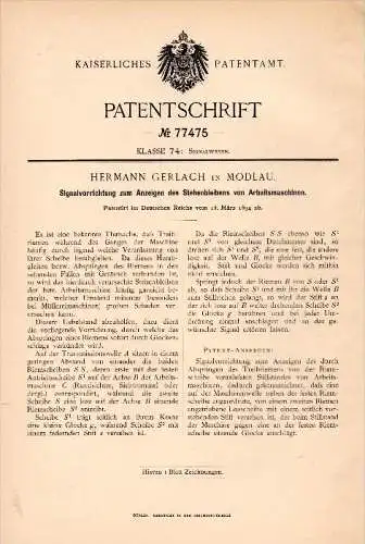 Original Patent - Hermann Gerlach in Modlau / Mod&#322;a , 1884 , Signalvorrichtung für Maschinen , Niederschlesien , Bu