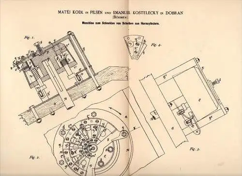 Original Patent - E. Kostelecky in Dobran / Dobrany , 1890 , Maschine zum Schneiden von Horn , Elfenbein , M. Kodl Plzen