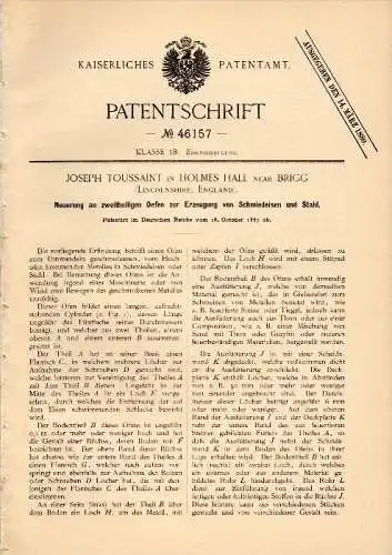 Original Patent - J. Toussaint in Holmes Hall near Brigg , 1887 , Furnace for producing steel , Lincolshire !!!