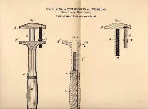 Original Patent - Simon Mura in Storkensauen / Storckensohn , 1887 , clé , Husseren-Wesserling , Saint Amarin !!!