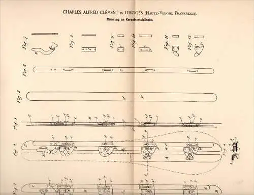 Original Patent - Charles Alfred Clément dans Limoges , 1888 , Fermeture pour corset  , Korsett , Haute Vienne  !!!