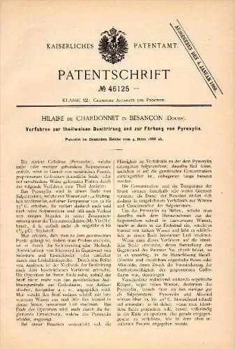 Original Patent - Hilaire de Chardonnet dans Besancon , Doubs , 1888 , Coloration des pyroxyline !!!