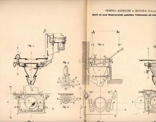 Original Patent - Erminio Andreoni in Novara , Italia , 1888 , Toilette con pediera mobile !!!