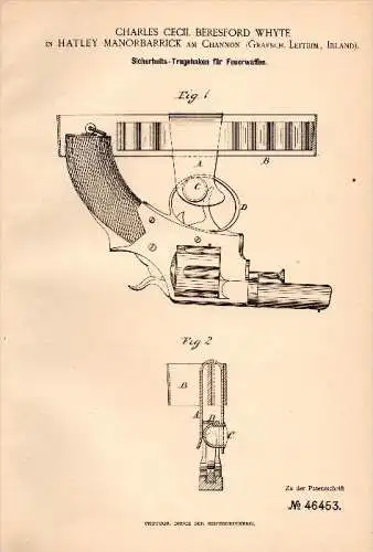 Original Patent -  Ch. Beresford Whyte in Hatley Manorbarrick on Channon , 1888 , hook for firearms , pistol , Leitrim