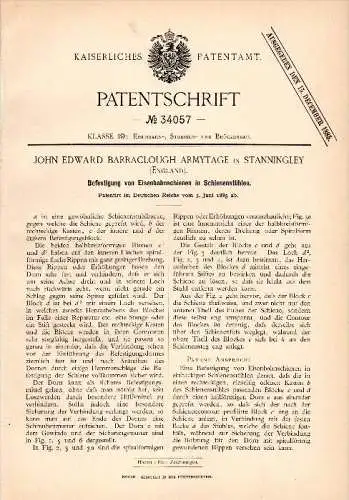 Original Patent - J.E. Barraclough Armytage in Stanningley b. Pudsey , 1885 , Fastening for railway rails !!!