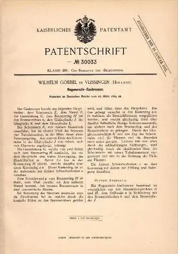 Original Patent - Wilhelm Goebel in Vlissingen , 1884 , Regenerativ - Gasbrenner , Beleuchtung , Gaslampen !!!