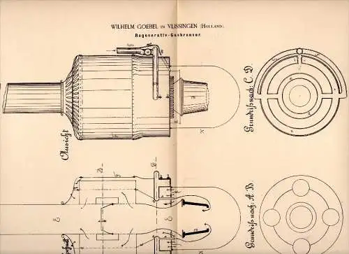 Original Patent - Wilhelm Goebel in Vlissingen , 1884 , Regenerativ - Gasbrenner , Beleuchtung , Gaslampen !!!