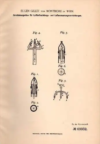 Original Patent - Eugen Gillet von Montmore in Wien , 1892 , Zerstäuber für Luftbefeuchter , Adel !!!