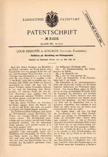 Original Patent - Louis Deshayes dans Avignon , 1884 , production de tissu de perles, tissage !!!