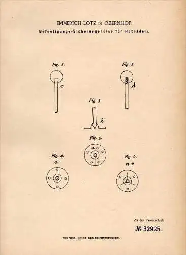 Original Patent - Emmerich Lotz in Obernhof b. Nassau , 1885 , Sicherung für Hutnadeln , Hut , Hüte , Mode !!!