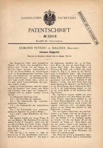 Original Patent - Edmond Frysou in Malines / Mechelen , 1885 , fahrbares Gerüst , Hebebühne , Feuerwehr , Rettung !!!