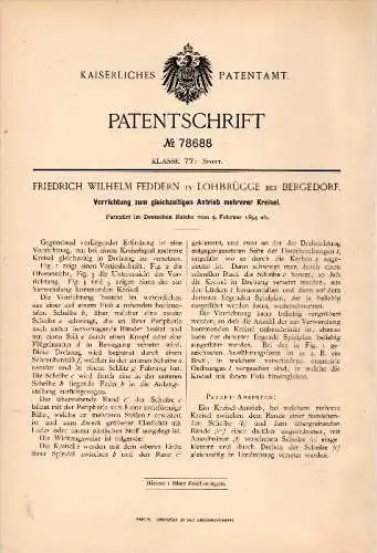 Original Patent - F.W. Feddern in Lohbrügge b. Hamburg , 1894 , Antrieb für Kreisel , Kreiselspiel , Bergedorf !!!