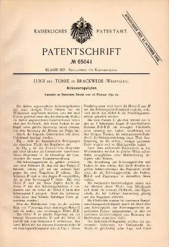 Original Patent - Luigi del Torre in Brackwede i. Westfalen , 1892 , Achsenregulator für Motor , Kraftmaschine !!!