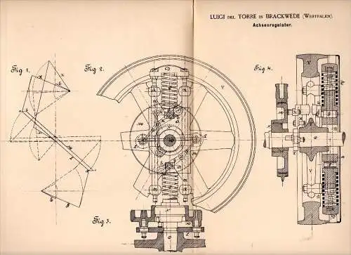 Original Patent - Luigi del Torre in Brackwede i. Westfalen , 1892 , Achsenregulator für Motor , Kraftmaschine !!!