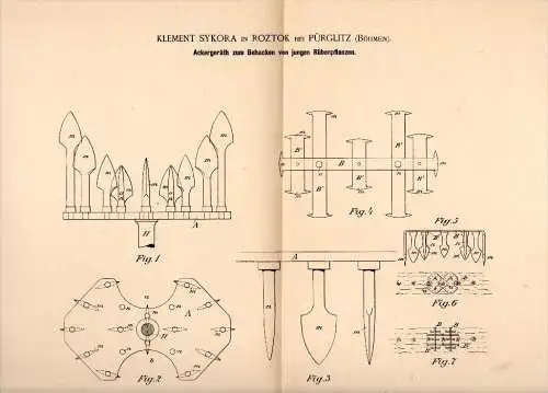 Original Patent - Klement Sykora in Roztok b. Pürglitz /  K&#345;ivoklát i. Böhmen , 1888 , Gerät für Rüben , Agrar !!!