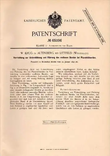 Original Patent -W. Krug in Altenberg / Odenthal bei Littfeld / Kreuztal i. Westf. , 1892 , Planstoßherd , Erz , Bergbau