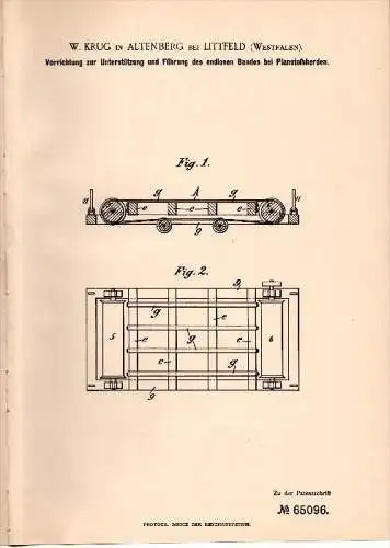 Original Patent -W. Krug in Altenberg / Odenthal bei Littfeld / Kreuztal i. Westf. , 1892 , Planstoßherd , Erz , Bergbau