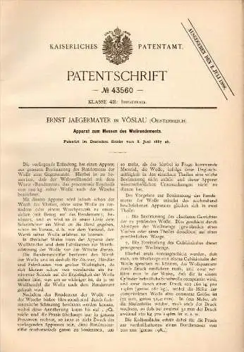 Original Patent -  Ernst Jaegermayer in Vöslau , 1887 , Messapparatt für Wolle !!!