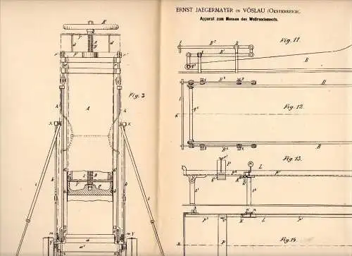 Original Patent -  Ernst Jaegermayer in Vöslau , 1887 , Messapparatt für Wolle !!!