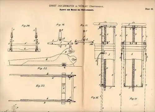 Original Patent -  Ernst Jaegermayer in Vöslau , 1887 , Messapparatt für Wolle !!!