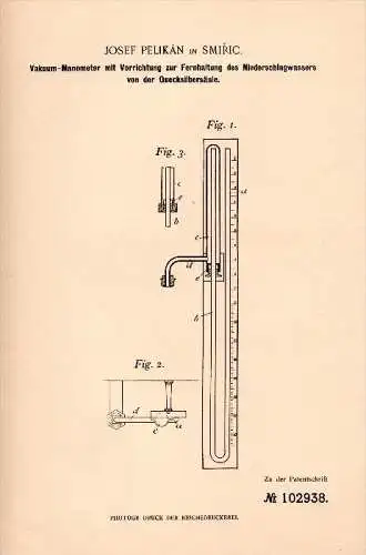 Original Patent - Josef Pelikán in Smiric , 1898 , Skalice u Smi&#345;ic , Vacuum - Manometer !!!