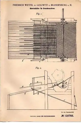 Original Patent - F. Wetzel in Gollwitz b. Brandenburg a. Havel , 1900 , Schütter für Dreschmaschine , Landwirtschaft !!