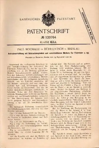 Original Patent - Paul Mochalle in Dürrjentsch / Radomierzyce b. Breslau , 1900 , Antrieb für Fahrrad , Fahrräder !!!