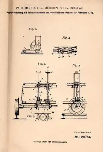 Original Patent - Paul Mochalle in Dürrjentsch / Radomierzyce b. Breslau , 1900 , Antrieb für Fahrrad , Fahrräder !!!