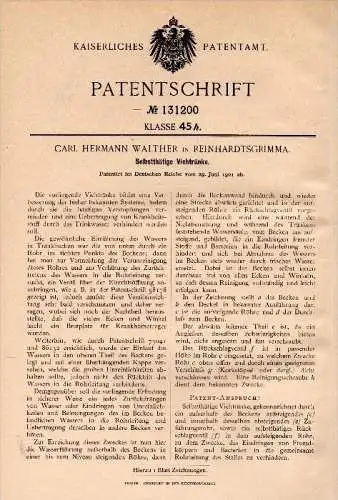 Original Patent - C. H. Walther in Reinhardtsgrimma b. Glashütte i.S., 1901, selbsttätige Viehtränke , Viehzucht , Agrar