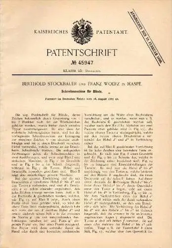 Original Patent - B. Stockbauer und F. Woerz in Haspe , 1887 , Schreibmaschine für Blinde , Blindheit , Blindenverein