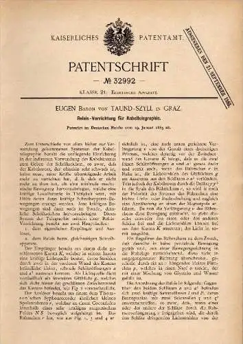 Original Patent -  Eugen Baron von Taund - Szyll in Graz , 1885 , Relais für Telegraphie , telegraphy , télégraphie !!!