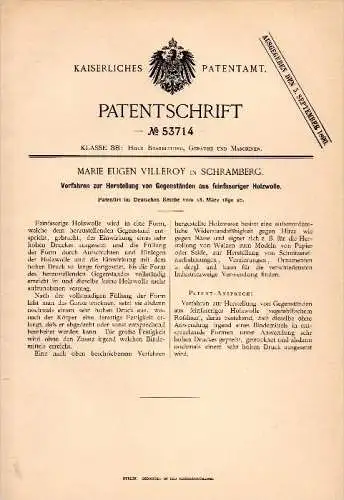 Original Patent - Marie Eugen Villeroy in Schramberg , 1890 , Herstellung von Gegenständen aus feiner Wolle , Boch !!!