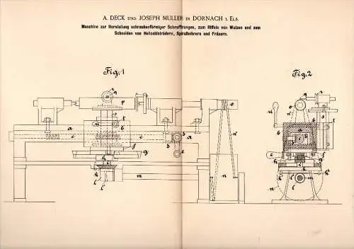 Original Patent - A. Deck dans Dornach b. Mulhouse / Mülhausen , 1890, Machine pour la production de forets et fraises !