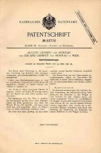 Original Patent - Eduard Gerbert von Hornau in Wien , 1890 , Kehricht - Sammelwagen , Müllwagen , Müllentsorgung !!!