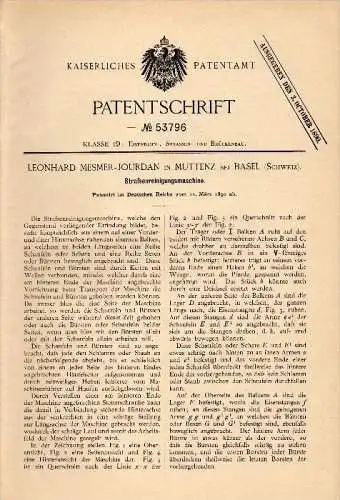 Original Patent - L. Mesmer-Jourdan in Muttenz b. Arlesheim , 1890, Maschine für Straßenreinigung , Kehrmaschine , Base