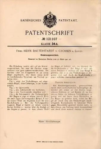 Original Patent -  H. Dauterstaedt in Crossen a. Elster , 1901 , Kinderwagen - Verdeck !!!