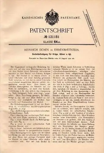 Original Patent -  H. Düren in Ehrenbreitstein b. Koblenz , 1901 , Deckel für Krüge und Gläser , Krug !!!