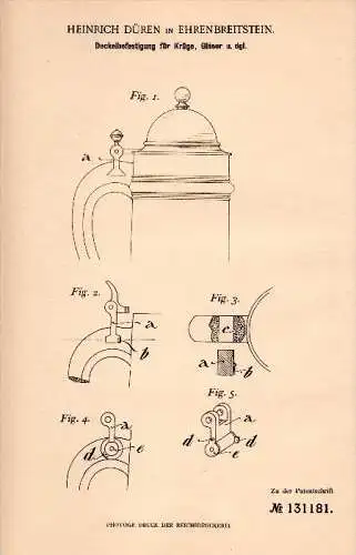 Original Patent -  H. Düren in Ehrenbreitstein b. Koblenz , 1901 , Deckel für Krüge und Gläser , Krug !!!