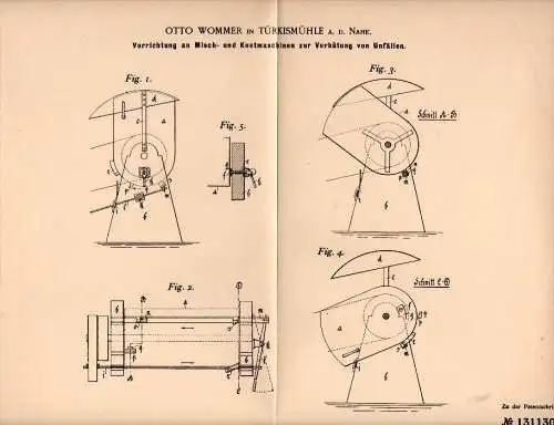 Original Patent - Otto Wommer in Türkismühle b. Nohfelden a.d. Nahe , 1900 , Unfallverhütung an Knetmaschine , Bäckerei