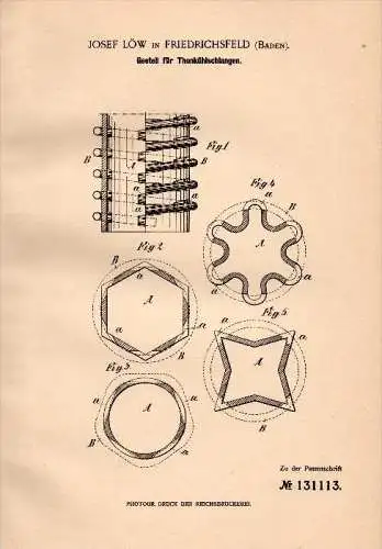 Original Patent - Josef Löw in Friedrichsfeld b. Mannheim / Baden , 1898 , Kühlschlange für Thon , D.R.G.M. !!!